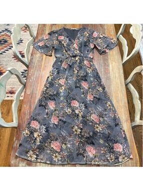 La Fée Maraboutée Floral Maxi Dress Grey Pink Flutter Sleeve Faux Wrap Size 40/8